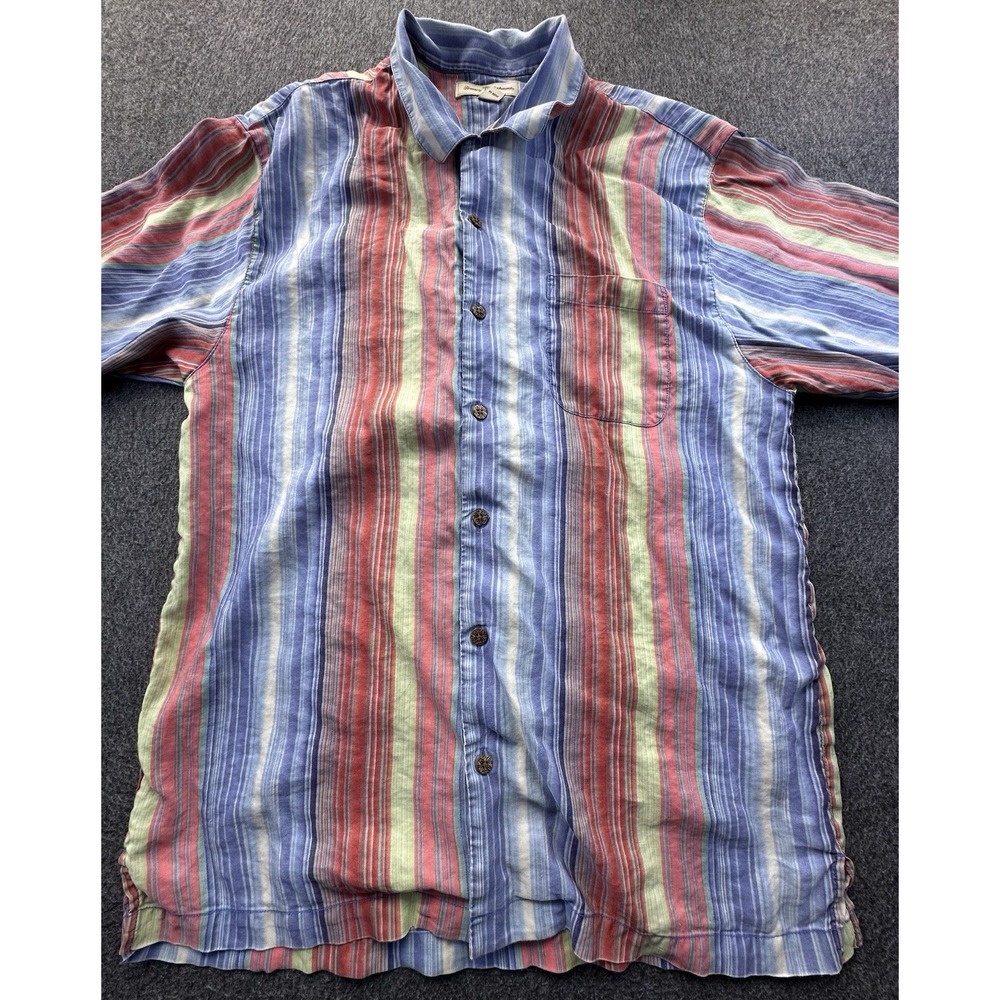 Tommy Bahama Shirt Mens Large Multicolored Striped Button Up Linen Silk Vintage